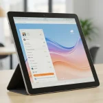 Fx Xiaomi Mi Pad tablet standing upright using a kickstand on a wooden table in a modern office environment with blurred background 4