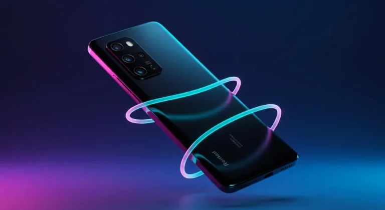 Fx Xiaomi Redmi Note 13 Pro Plus 5G floating in mid air with dynamic lighting effects showcasing the phones sleek profile and modern design 2