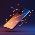 Fx Xiaomi Redmi Note 13 Pro Plus 5G floating in mid air with dynamic lighting effects showcasing the phones sleek profile and modern design 4