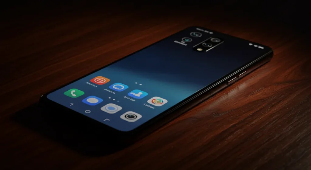 Fx Xiaomi Redmi Note 13 Pro Plus 5G in black color placed on dark wooden surface with ambient lighting creating premium atmosphere 3