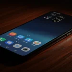 Fx Xiaomi Redmi Note 13 Pro Plus 5G in black color placed on dark wooden surface with ambient lighting creating premium atmosphere 3