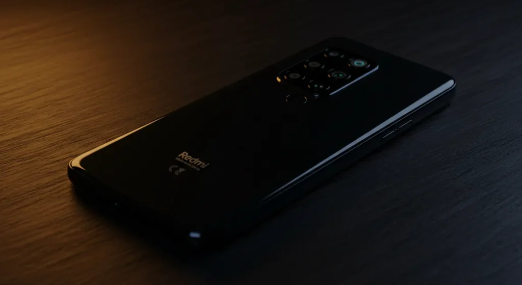 Fx Xiaomi Redmi Note 13 Pro Plus 5G in black color placed on dark wooden surface with ambient lighting creating premium atmosphere 4