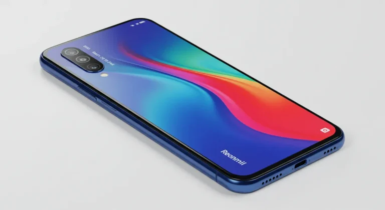 Fx Xiaomi Redmi Note 13 Pro Plus 5G in blue color with screen displaying vibrant colors placed at 45 degree angle on white surface with soft studio lighting 4