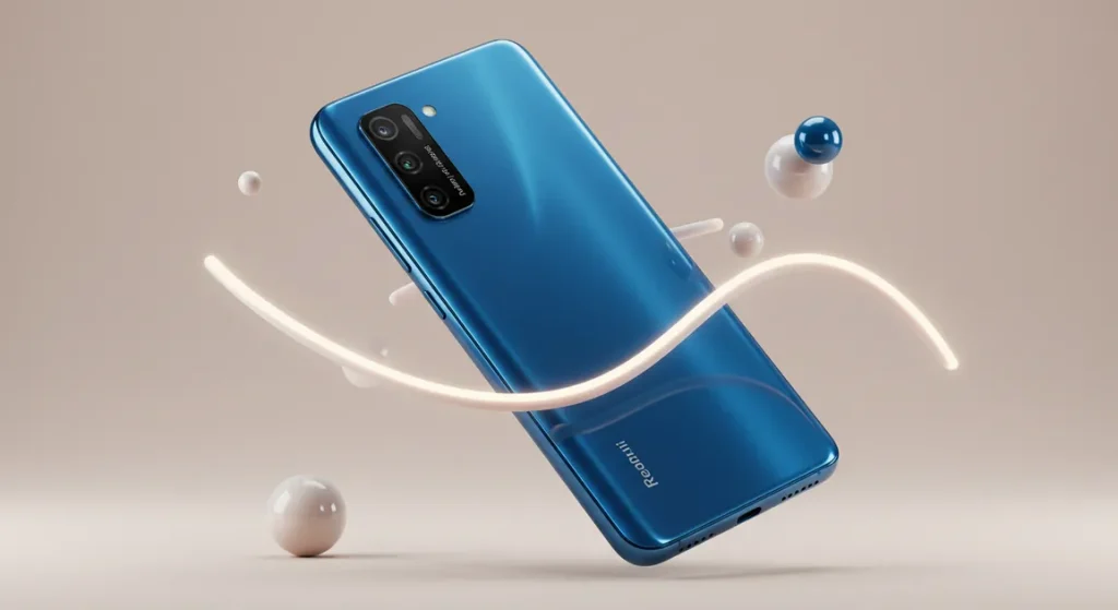 Fx Xiaomi Redmi Note 13 Pro Plus 5G in blue color with soft gradient lighting creating premium ambiance phone positioned at elegant angle 1