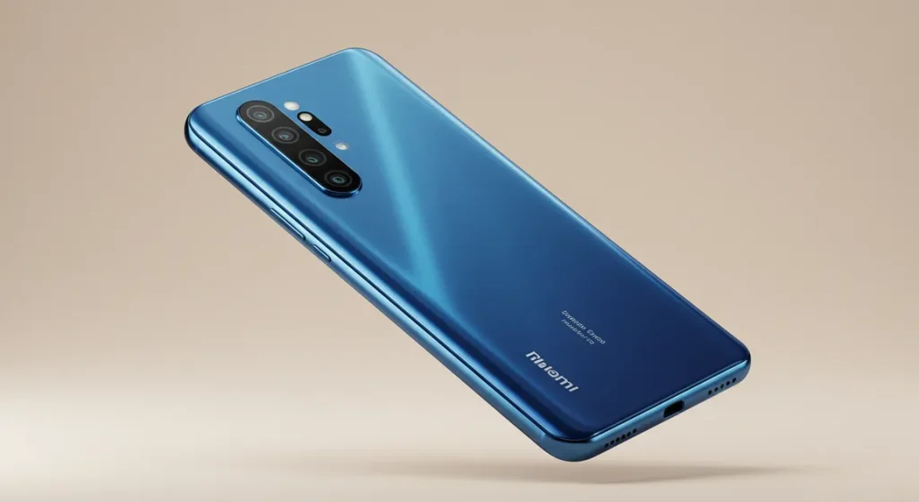 Fx Xiaomi Redmi Note 13 Pro Plus 5G in blue color with soft gradient lighting creating premium ambiance phone positioned at elegant angle 3