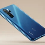 Fx Xiaomi Redmi Note 13 Pro Plus 5G in blue color with soft gradient lighting creating premium ambiance phone positioned at elegant angle 3