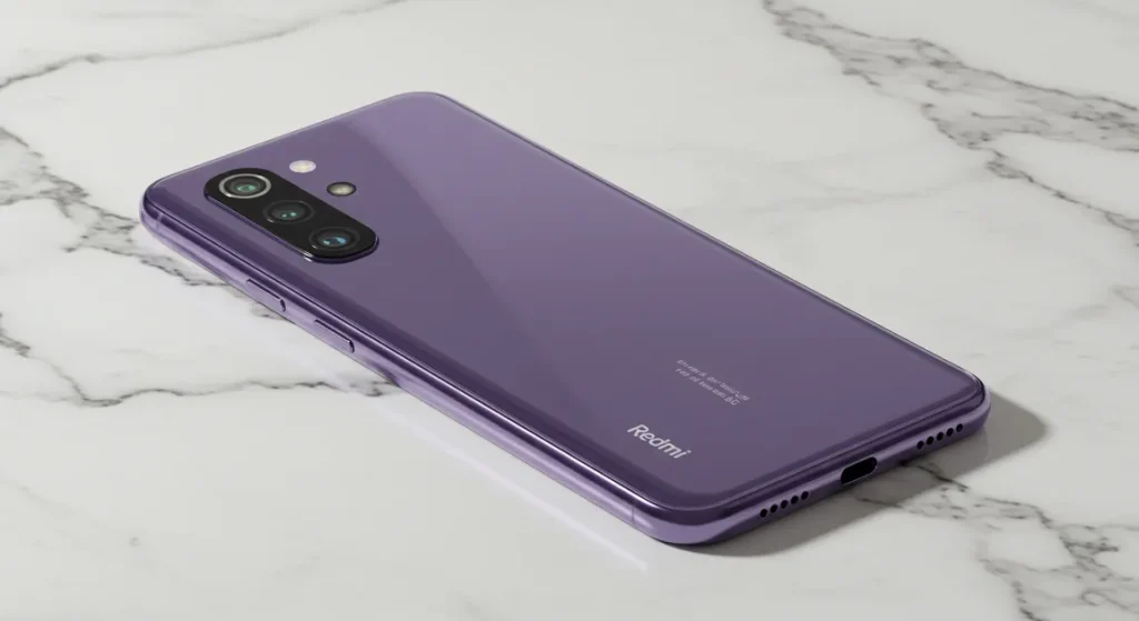 Fx Xiaomi Redmi Note 13 Pro Plus 5G in purple color on white marble surface with natural lighting emphasizing premium materials and finish 1