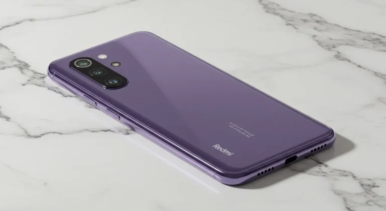 Fx Xiaomi Redmi Note 13 Pro Plus 5G in purple color on white marble surface with natural lighting emphasizing premium materials and finish 1