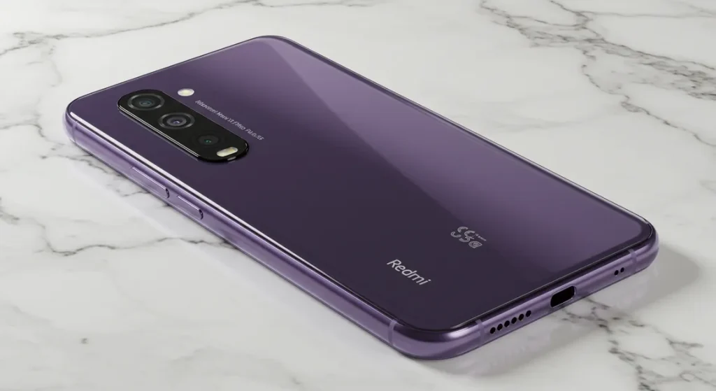 Fx Xiaomi Redmi Note 13 Pro Plus 5G in purple color on white marble surface with natural lighting emphasizing premium materials and finish 2