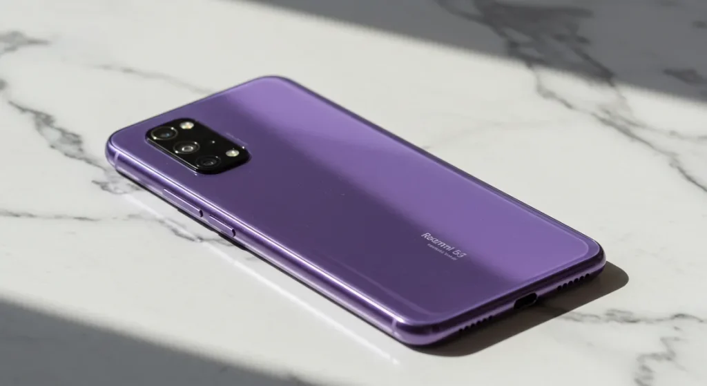 Fx Xiaomi Redmi Note 13 Pro Plus 5G in purple color on white marble surface with natural lighting emphasizing premium materials and finish 3