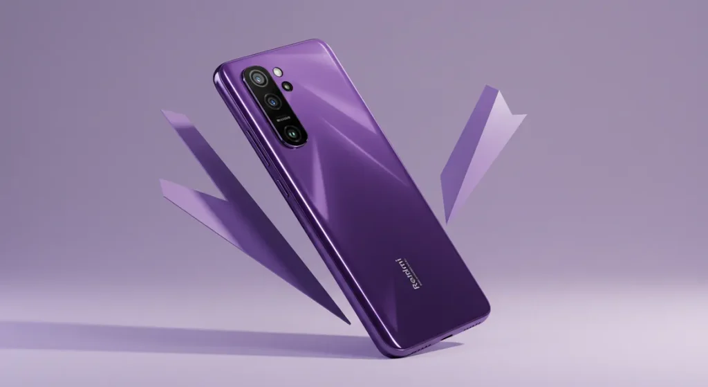 Fx Xiaomi Redmi Note 13 Pro Plus 5G in purple color with artistic shadow play creating dynamic visual composition for premium product showcase 3