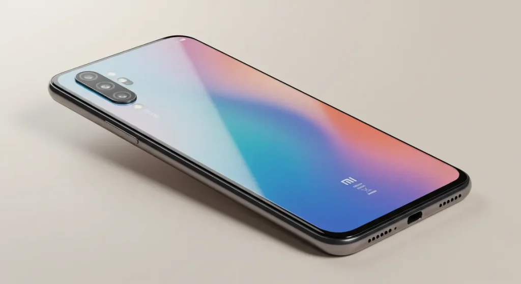 Fx Xiaomi Redmi Note 13 Pro Plus 5G positioned diagonally with screen reflection showing depth minimalist composition on neutral background 1