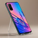 Fx Xiaomi Redmi Note 13 Pro Plus 5G with screen displaying vibrant wallpaper phone leaning against transparent acrylic stand modern setup 1