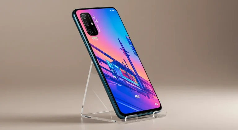 Fx Xiaomi Redmi Note 13 Pro Plus 5G with screen displaying vibrant wallpaper phone leaning against transparent acrylic stand modern setup 1