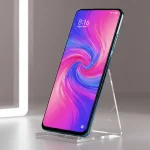 Fx Xiaomi Redmi Note 13 Pro Plus 5G with screen displaying vibrant wallpaper phone leaning against transparent acrylic stand modern setup 3
