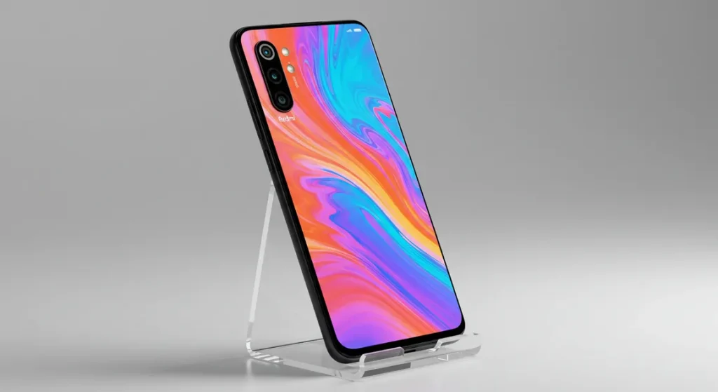 Fx Xiaomi Redmi Note 13 Pro Plus 5G with screen displaying vibrant wallpaper phone leaning against transparent acrylic stand modern setup 4