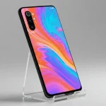 Fx Xiaomi Redmi Note 13 Pro Plus 5G with screen displaying vibrant wallpaper phone leaning against transparent acrylic stand modern setup 4