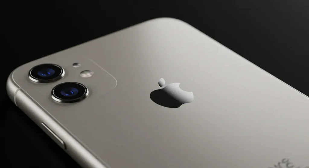 Fx iPhone 16e back panel close up highlighting Apple logo and camera system soft gradient lighting premium material textures visible ultra high definition 1