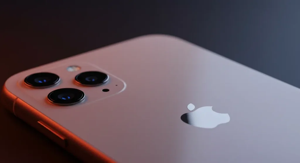 Fx iPhone 16e back panel close up highlighting Apple logo and camera system soft gradient lighting premium material textures visible ultra high definition 3