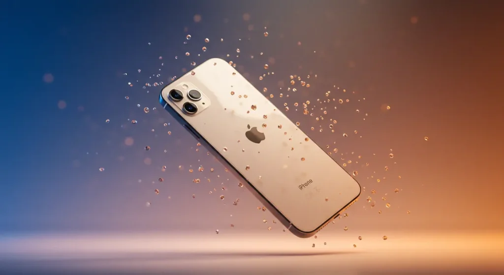 Apple iPhone 16e de 128 GB mantém DNA premium da Apple 1 Fx iPhone 16e floating in mid air against gradient background surrounded by subtle light rays and particles cinematic lighting premium product showcase style 1