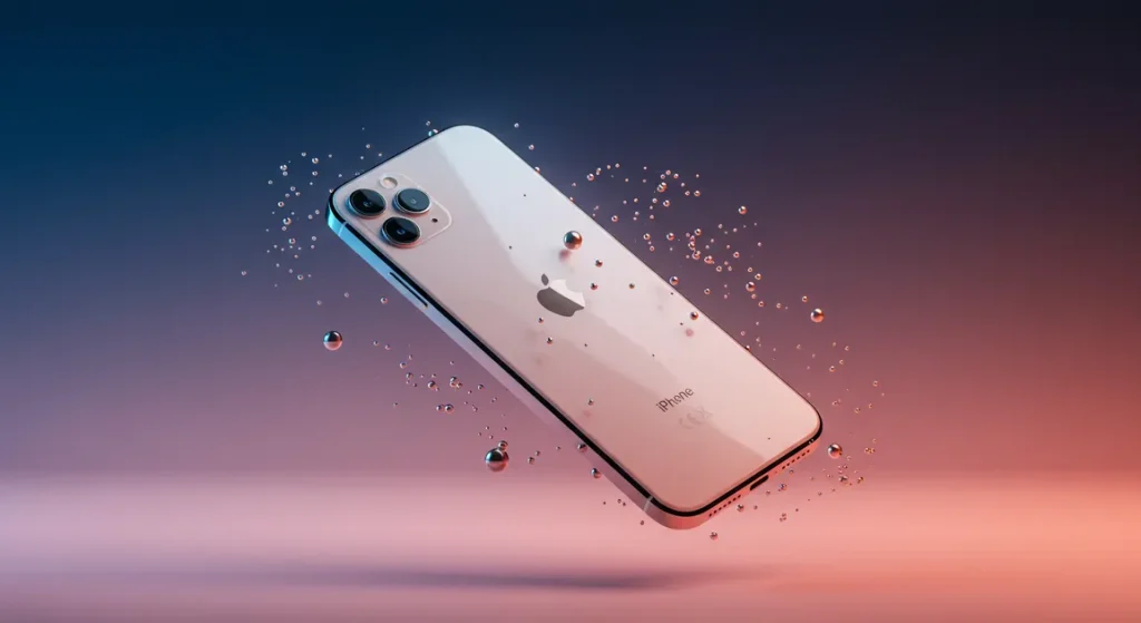 Fx iPhone 16e floating in mid air against gradient background surrounded by subtle light rays and particles cinematic lighting premium product showcase style 2