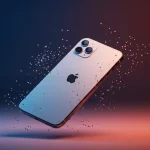 Fx iPhone 16e floating in mid air against gradient background surrounded by subtle light rays and particles cinematic lighting premium product showcase style 3