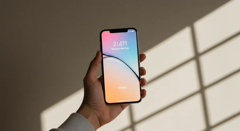 Fx iPhone 16e held in elegant hand pose device screen glowing softly neutral background lifestyle meets product photography natural skin tones 4