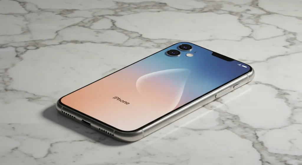 Fx iPhone 16e on marble surface with luxury materials context elegant lighting highlighting premium build quality sophisticated product photography 1