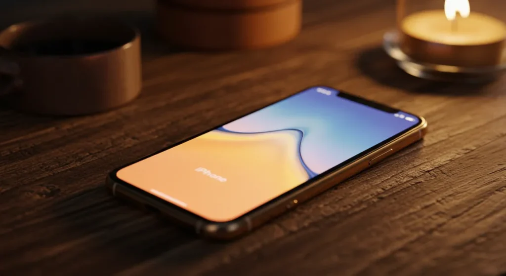 Fx iPhone 16e on wooden surface with natural textures warm lighting creating cozy atmosphere while maintaining product focus lifestyle photography 1