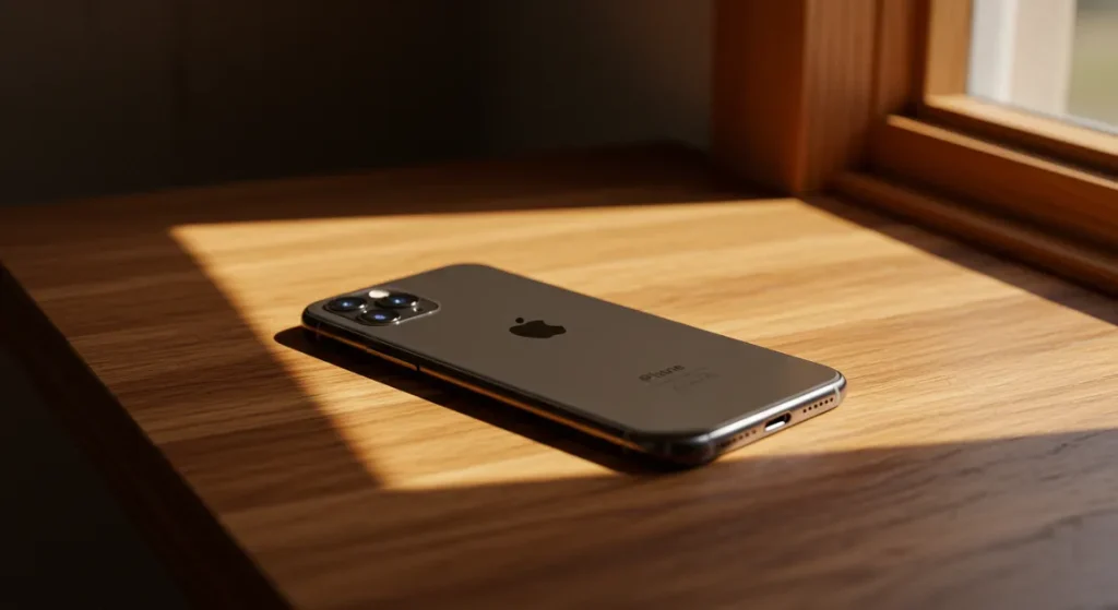 Fx iPhone 16e on wooden surface with natural textures warm lighting creating cozy atmosphere while maintaining product focus lifestyle photography 4