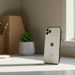 Fx iPhone 16e positioned vertically on modern desk setup natural lighting from window lifestyle context while focusing on device shallow depth of field 1