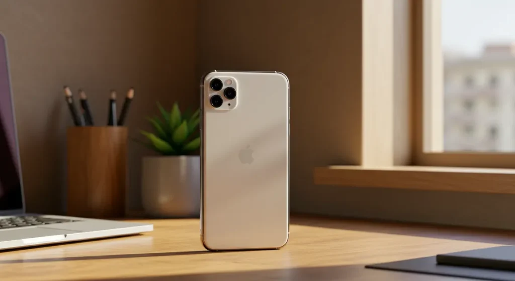 Fx iPhone 16e positioned vertically on modern desk setup natural lighting from window lifestyle context while focusing on device shallow depth of field 2