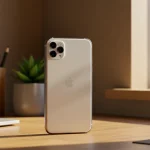 Fx iPhone 16e positioned vertically on modern desk setup natural lighting from window lifestyle context while focusing on device shallow depth of field 2