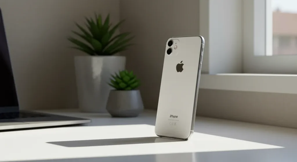 Fx iPhone 16e positioned vertically on modern desk setup natural lighting from window lifestyle context while focusing on device shallow depth of field 3