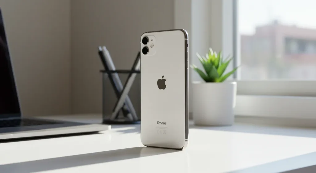 Fx iPhone 16e positioned vertically on modern desk setup natural lighting from window lifestyle context while focusing on device shallow depth of field 4