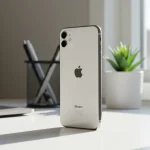 Fx iPhone 16e positioned vertically on modern desk setup natural lighting from window lifestyle context while focusing on device shallow depth of field 4