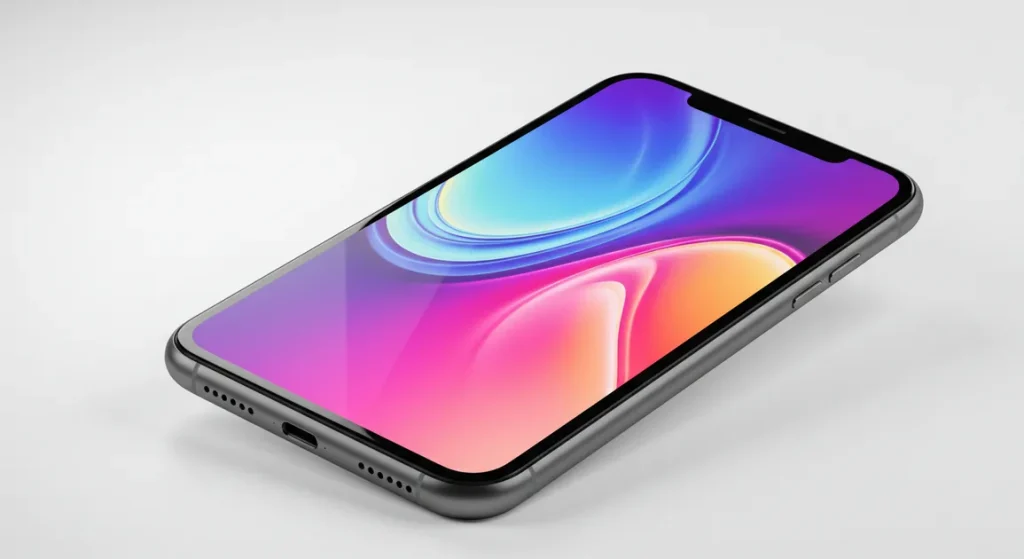 Fx iPhone 16e screen displaying vibrant wallpaper with rainbow effects device tilted showing depth and dimension clean background advertising quality image 1