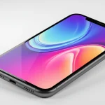 Fx iPhone 16e screen displaying vibrant wallpaper with rainbow effects device tilted showing depth and dimension clean background advertising quality image 1