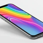 Fx iPhone 16e screen displaying vibrant wallpaper with rainbow effects device tilted showing depth and dimension clean background advertising quality image 2
