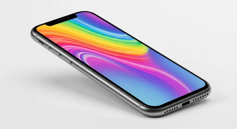Fx iPhone 16e screen displaying vibrant wallpaper with rainbow effects device tilted showing depth and dimension clean background advertising quality image 2