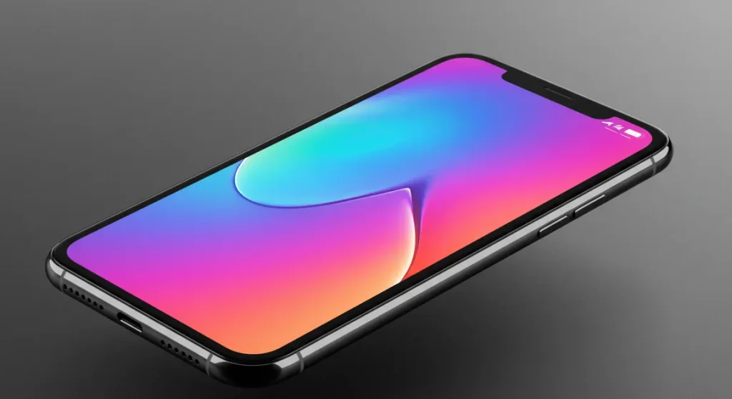 Fx iPhone 16e screen displaying vibrant wallpaper with rainbow effects device tilted showing depth and dimension clean background advertising quality image 3