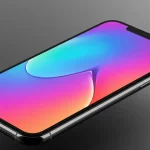 Fx iPhone 16e screen displaying vibrant wallpaper with rainbow effects device tilted showing depth and dimension clean background advertising quality image 3