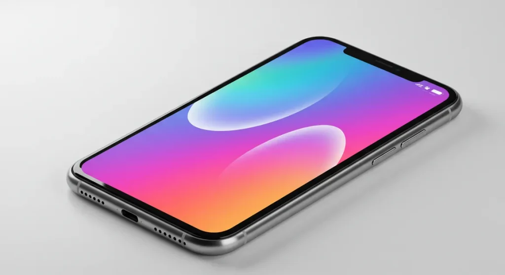Fx iPhone 16e screen displaying vibrant wallpaper with rainbow effects device tilted showing depth and dimension clean background advertising quality image 4