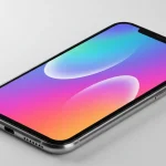 Fx iPhone 16e screen displaying vibrant wallpaper with rainbow effects device tilted showing depth and dimension clean background advertising quality image 4