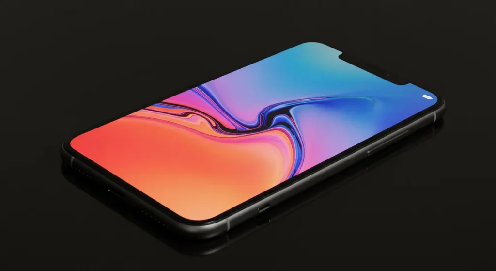 Fx iPhone 16e screen reflection showing colorful abstract patterns device positioned on glass surface studio lighting creating beautiful reflections and refractions 1