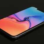 Fx iPhone 16e screen reflection showing colorful abstract patterns device positioned on glass surface studio lighting creating beautiful reflections and refractions 1