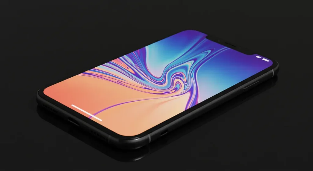 Fx iPhone 16e screen reflection showing colorful abstract patterns device positioned on glass surface studio lighting creating beautiful reflections and refractions 2