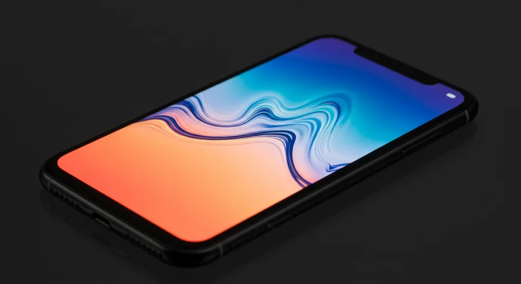 Fx iPhone 16e screen reflection showing colorful abstract patterns device positioned on glass surface studio lighting creating beautiful reflections and refractions 3