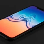 Fx iPhone 16e screen reflection showing colorful abstract patterns device positioned on glass surface studio lighting creating beautiful reflections and refractions 3