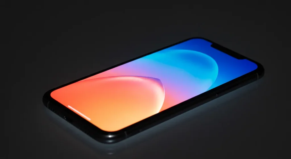Fx iPhone 16e screen reflection showing colorful abstract patterns device positioned on glass surface studio lighting creating beautiful reflections and refractions 4